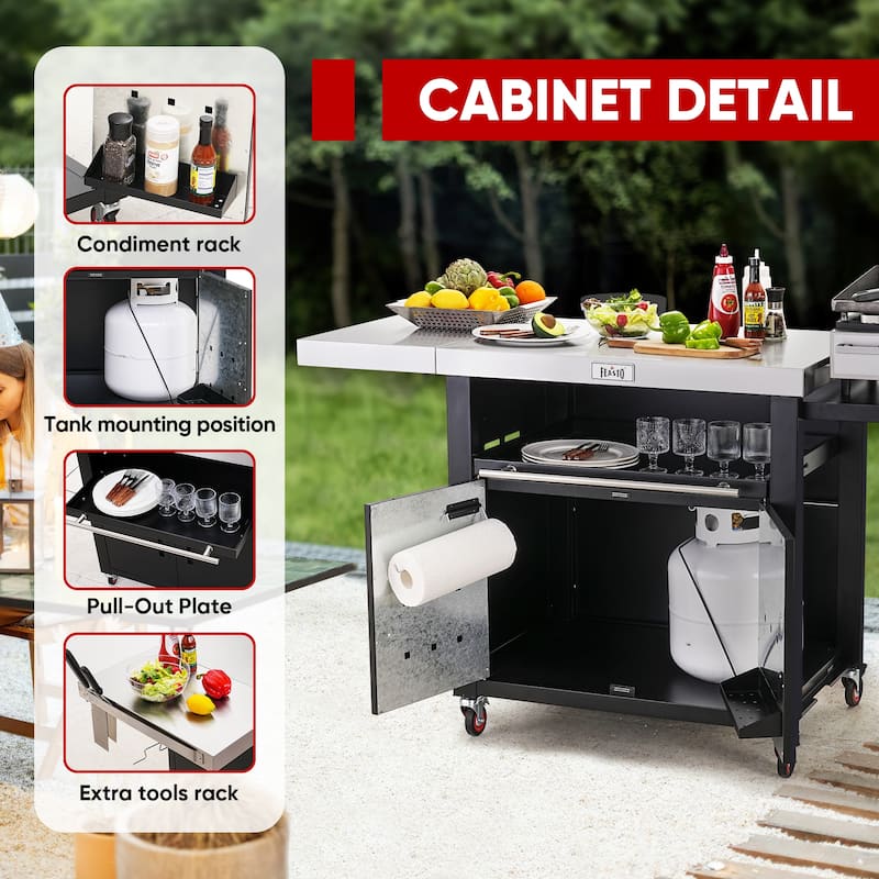 Feasto Grill Table, Outdoor Kitchen Island With 2 Foldable Side Tables, Stainless Steel Top For Outdoor Kitchen Cabinets