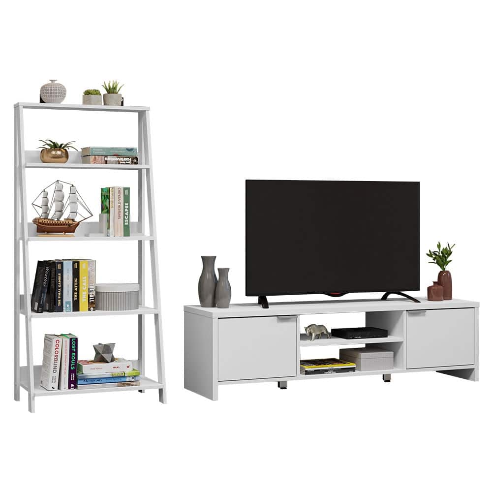 Madesa TV Stand with Storage 65" and Ladder Shelf - White