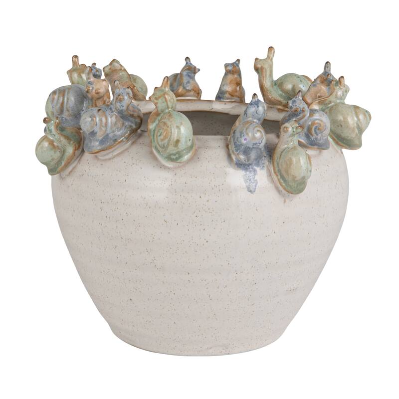 Stoneware Planter with 3D Snails on Rim in Reactive Speckled Glaze - 7.13"L x 6.88"W x 6.13"H