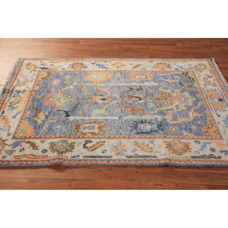Blue Oushak Oriental Rug Hand-Knotted Transitional Wool Carpet - 4'1"x 5'10"