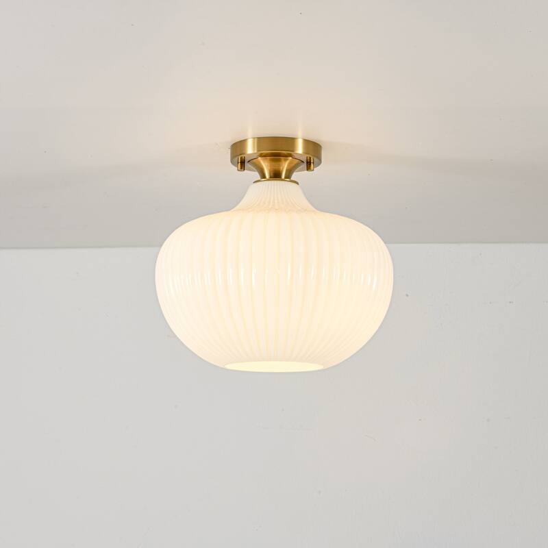 1-Light Modern Elegant Ribbed Glass Flush Mount with Brushed Brass/Matte Black Finish for Bedroom & Foyer