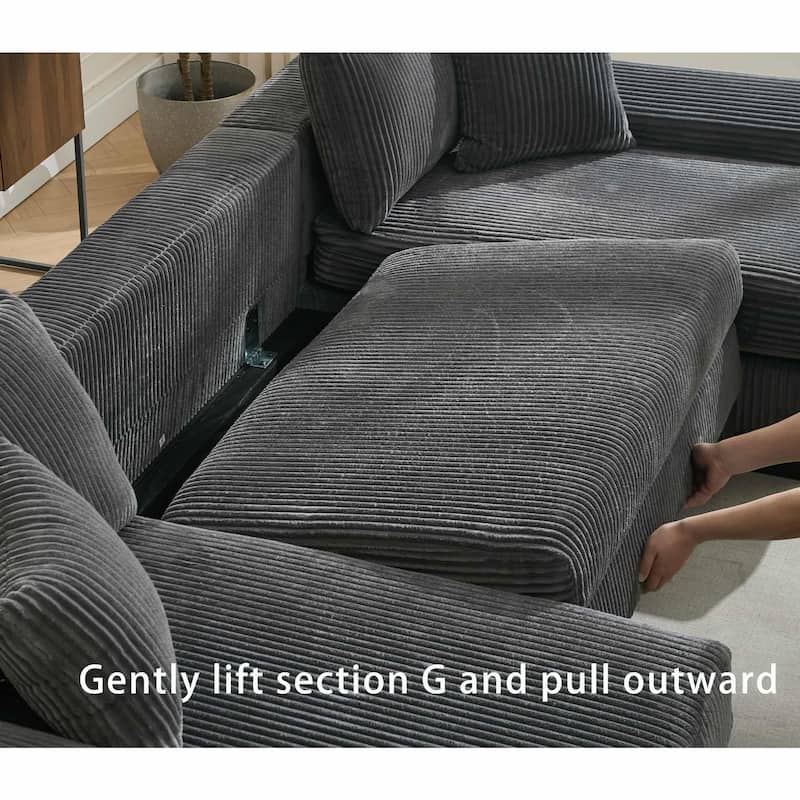 114" U-Shaped Corduroy Pull Out Sleeper Bed Sofa Chaise with Pillows