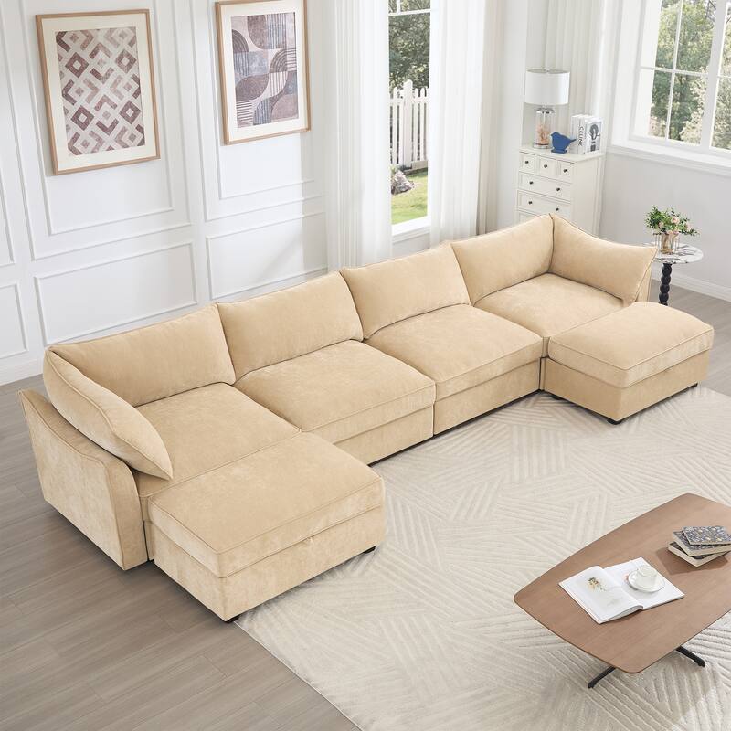 4- Deep L-Shaped Seater Sectional Sofa Couch with 2 Movable Storage Ottoman & Pull out Drawers Under Each Seat - Wheat