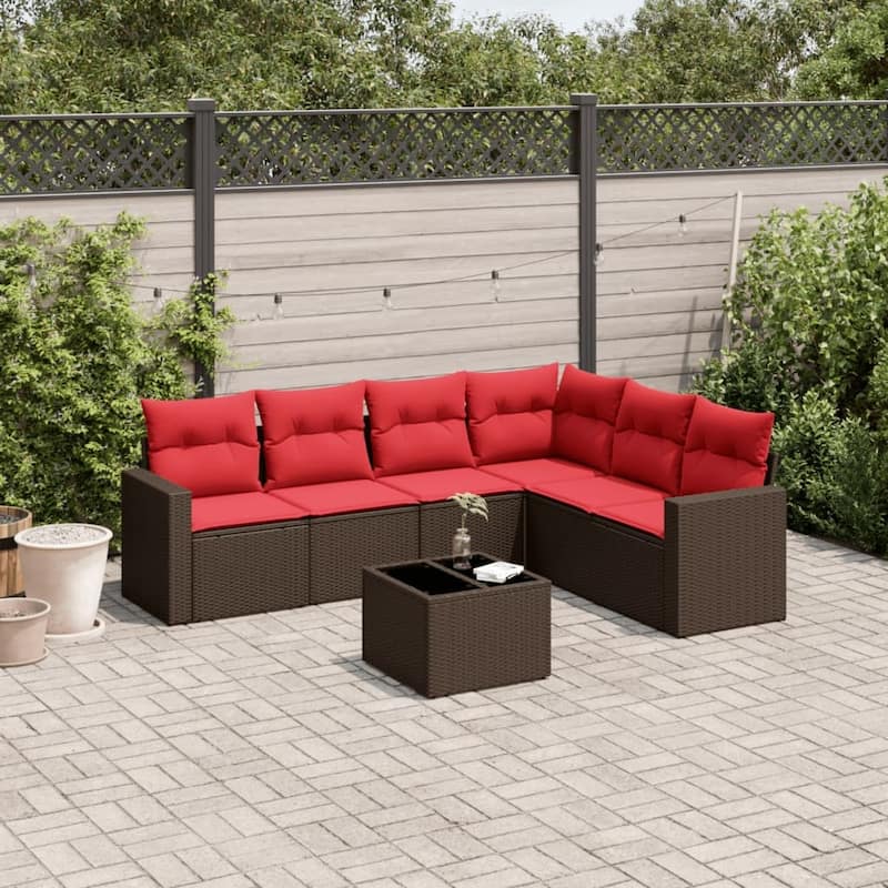 vidaXL Patio Sofa Set with Cushions Outdoor Conversation Furniture Poly Rattan - 25.8" x 24.4" x 27.2" - Brown and red with table