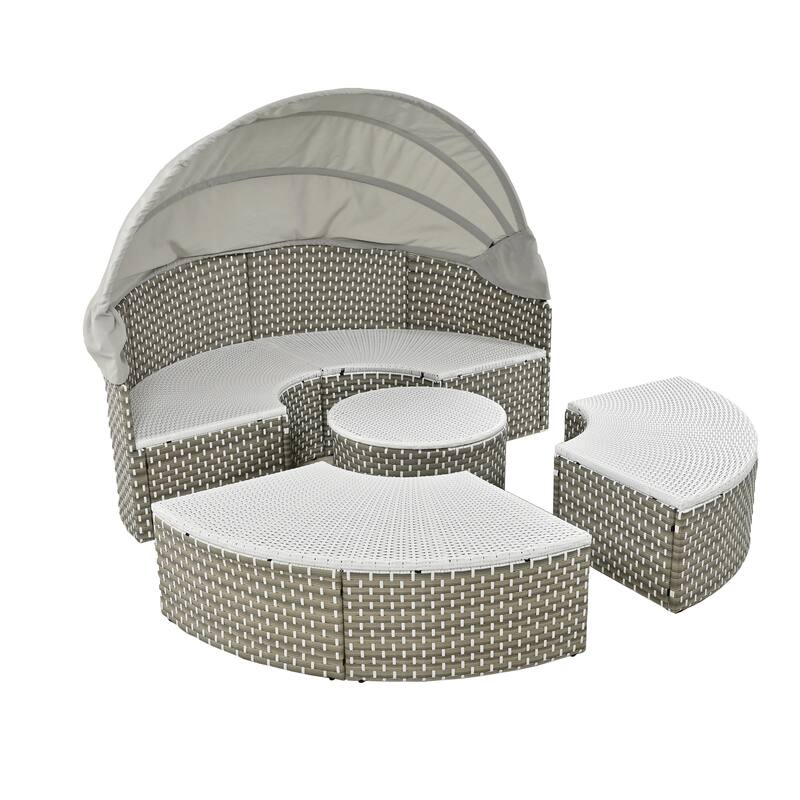 Round Recliner Sofa Rattan Daybed Outdoor Sectional Sofa Sunbed with Retractable Canopy