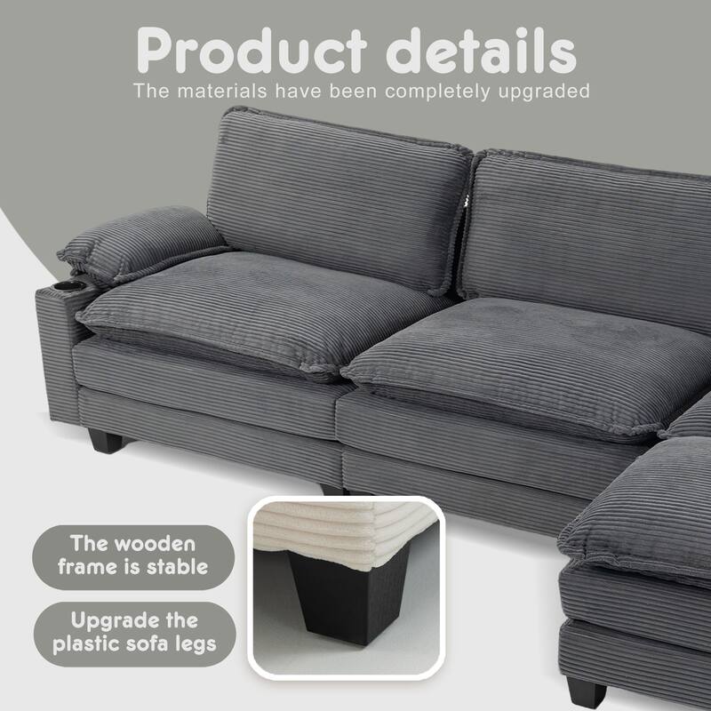 L-Shaped Modular Sectional Sofa with Ottoman, Oversized Corduroy Upholstered Cloud Couch with Cup Holders & Side Pockets