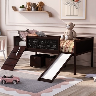 Espresso Pine Loft Bed with Climbing Frame, Rope, and Chalkboard - Twin Size with Slide