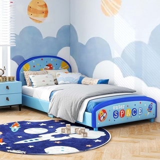 Children Twin Size Upholstered Platform Single Bed with Headboard