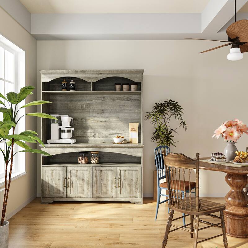 Coffee Bar Cabinet with Hutch and Storage Shelves Rustic Buffet Cabinet with 4 Doors for Kitchen or Dining Room