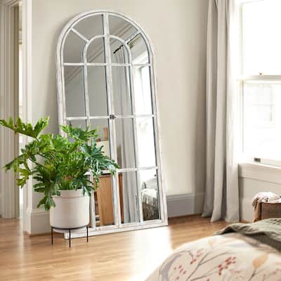 Classic Arched Solid Wood Solid Wood Window Pane Full Length Mirror Arched Top Rectangle Freestanding - 71"x31"