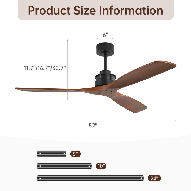 Sofucor 42"/48"/ 52"/60"Noiseless Walnut Wood Ceiling Fan with Remote Control, Integrated Light Optional