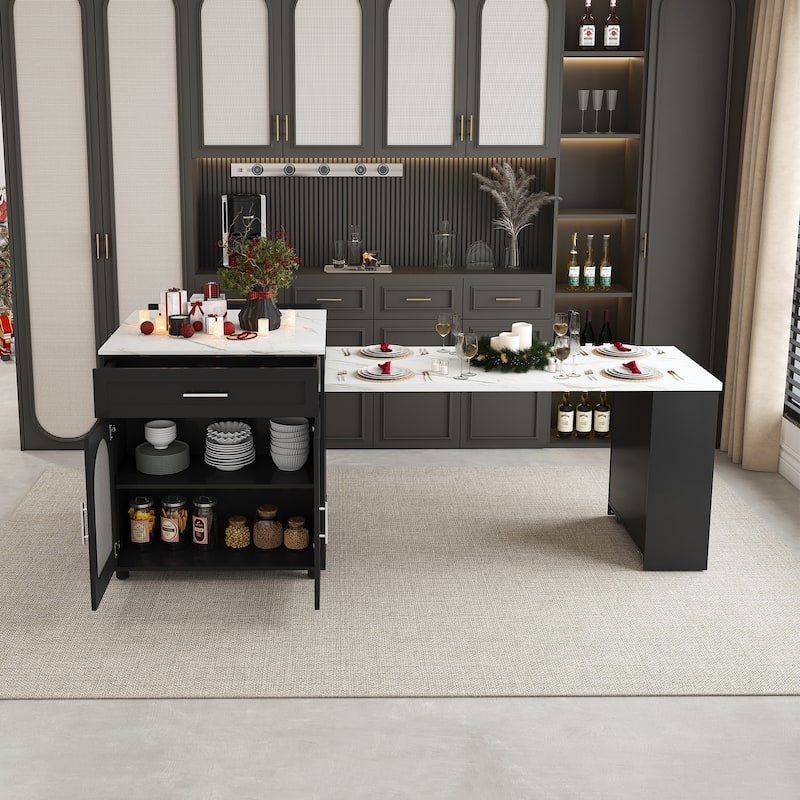 80-inch Expandable Kitchen Island with Dining Table, Marble-Grain Countertop, Mobile Storage Cart with Cabinet & 2 Drawers