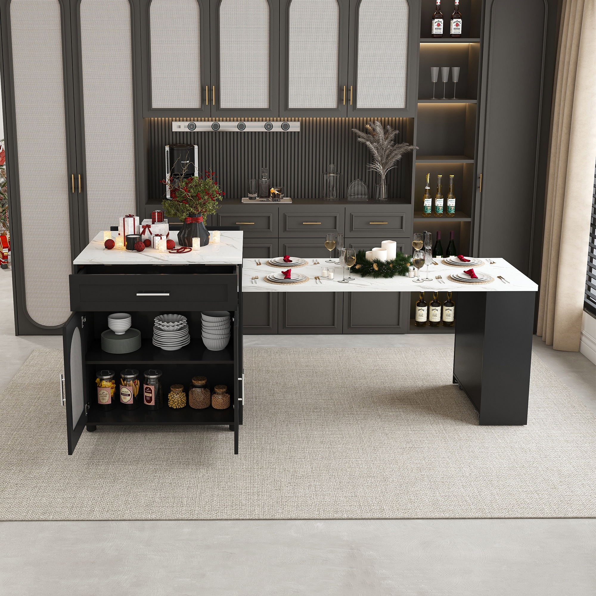 Black Kitchen Island with 80" Expandable Table & Casters, Multi-Functional Rolling Kitchen Cart with Dining Table