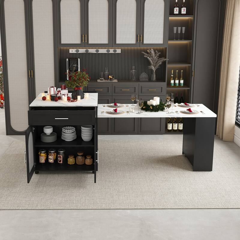 Roomfitters 80" Expandable Kitchen Island & Dining Table, Rolling Cart, Charging Station & Glass Cabinet - Black