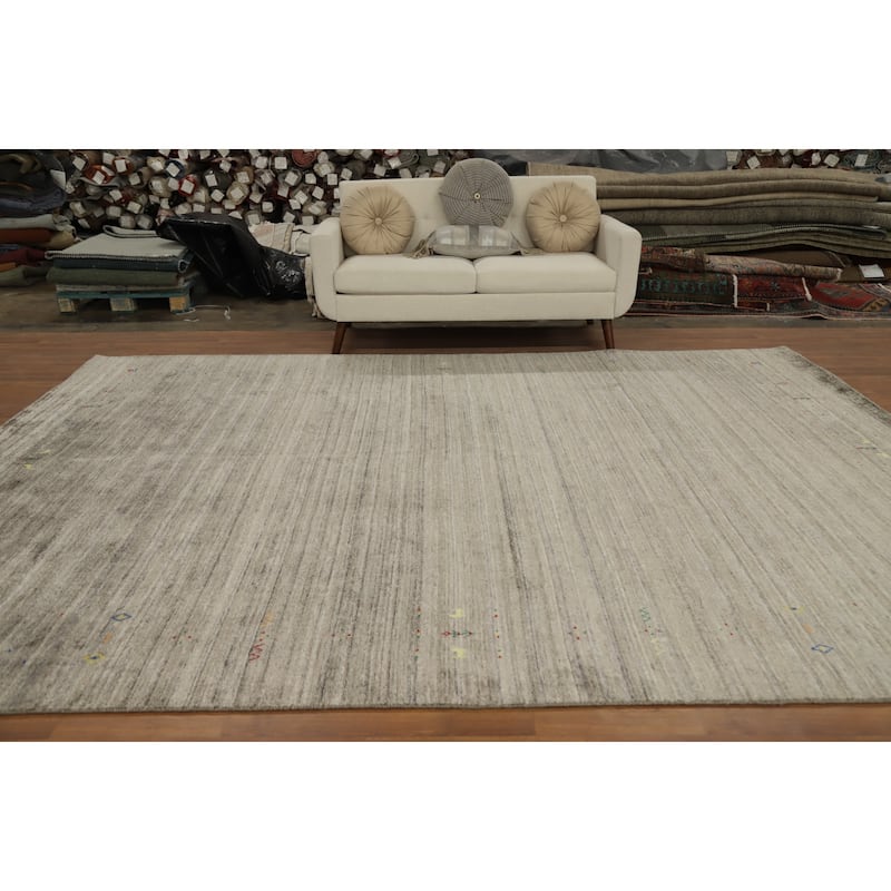 Hand Knotted Oriental Viscose Silk Carpet Tribal Animal Pictorial Greys & Charcoal Gabbeh Area Rug - 11' 11'' X 8' 11''