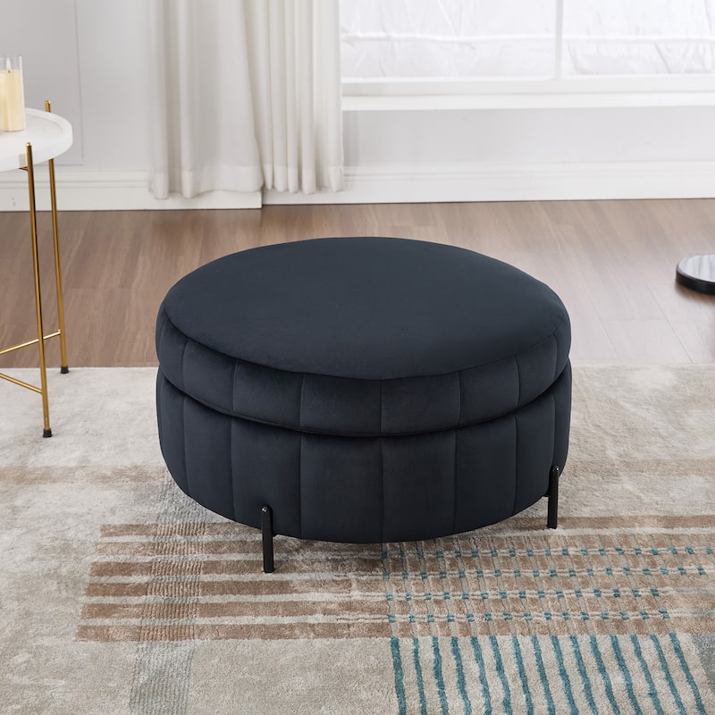 31.5"W Upholstered Round Ottoman With Reversible Lid, Velvet Storage Stool, Channel Tufted Pumpkin-shape Footstool