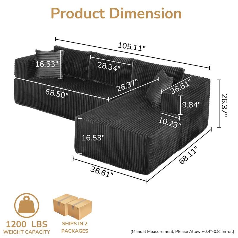 105 in. Wide Square Arm 2-Piece Modern Corduroy Fabric L-Shape Modular Sectional Sofa