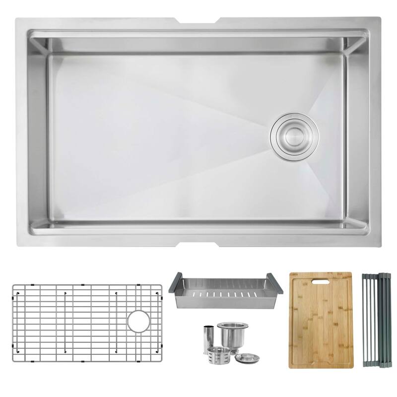 STYLISH 30 inches Workstation Single Bowl Undermount 16 Gauge Stainless Steel Kitchen Sink with Built in Accessories