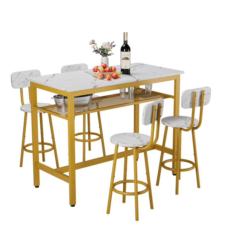 5-Piece Bar Height Dining Table Set with Storage Shelf, Modern Kitchen Table Set with Bistro Table and Stools