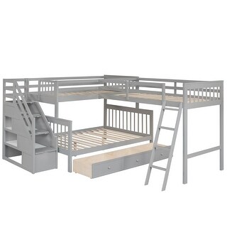 L-Shaped Twin Over Full Bunk with Drawers and Shelves in Stairs