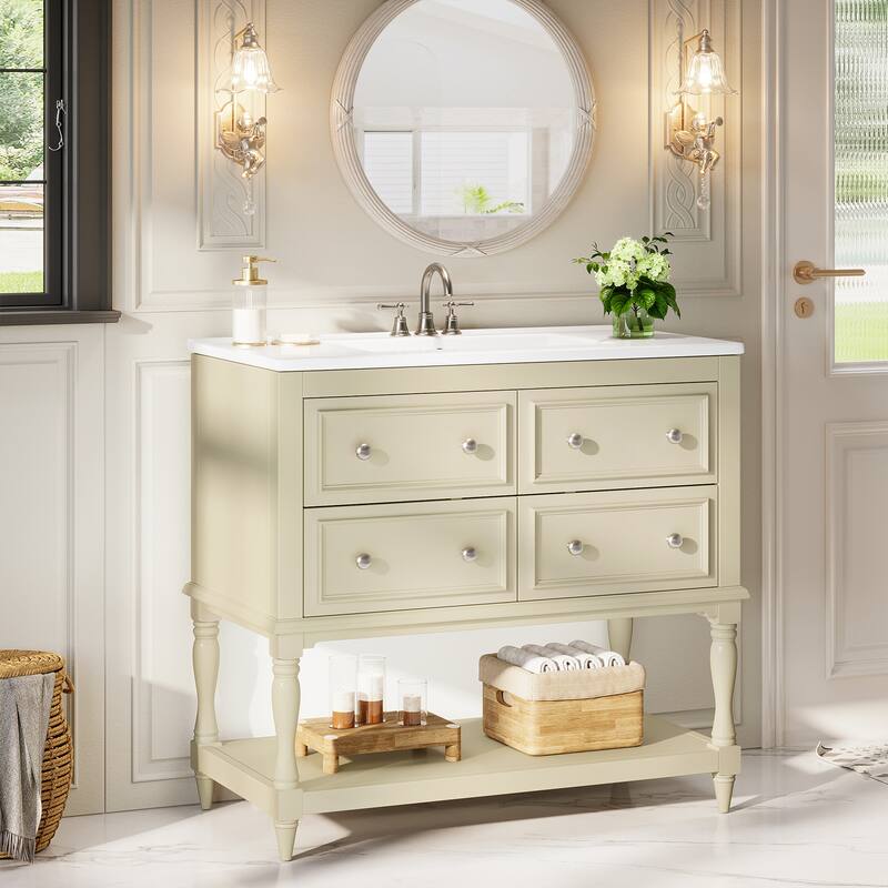 35.4" Beige Single Bathroom Vanity with Ceramic Basin and 4 Drawers