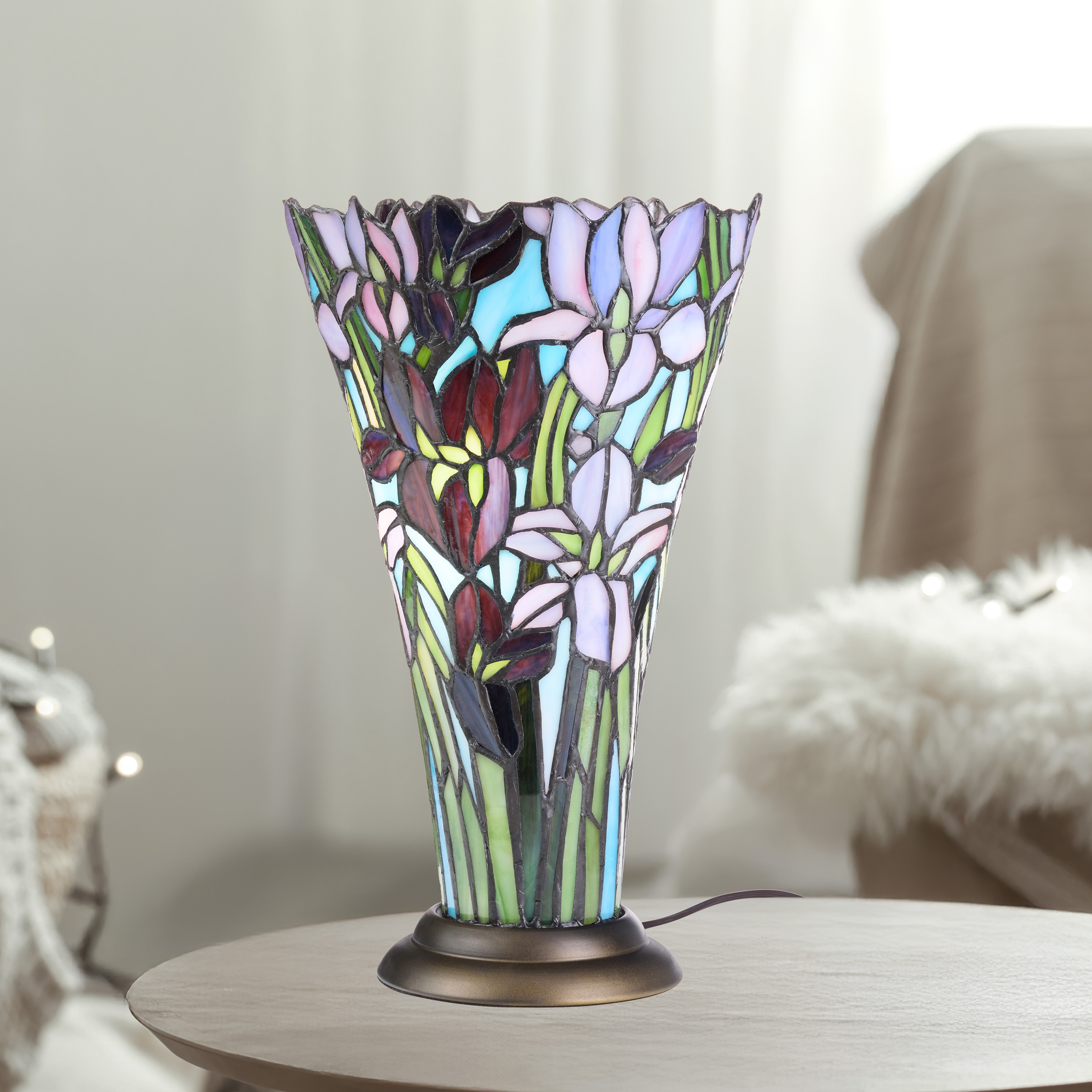 River of Goods Clea Bronze Metal Stacked Base and Tiffany-Style Stained Glass Cone Shade 18-Inch Table Lamp