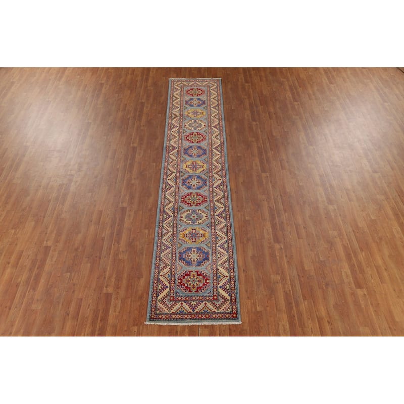 Light Blue Kazak Oriental Runner Rug Hand-Knotted Wool Carpet - 2'7" x 12'9"