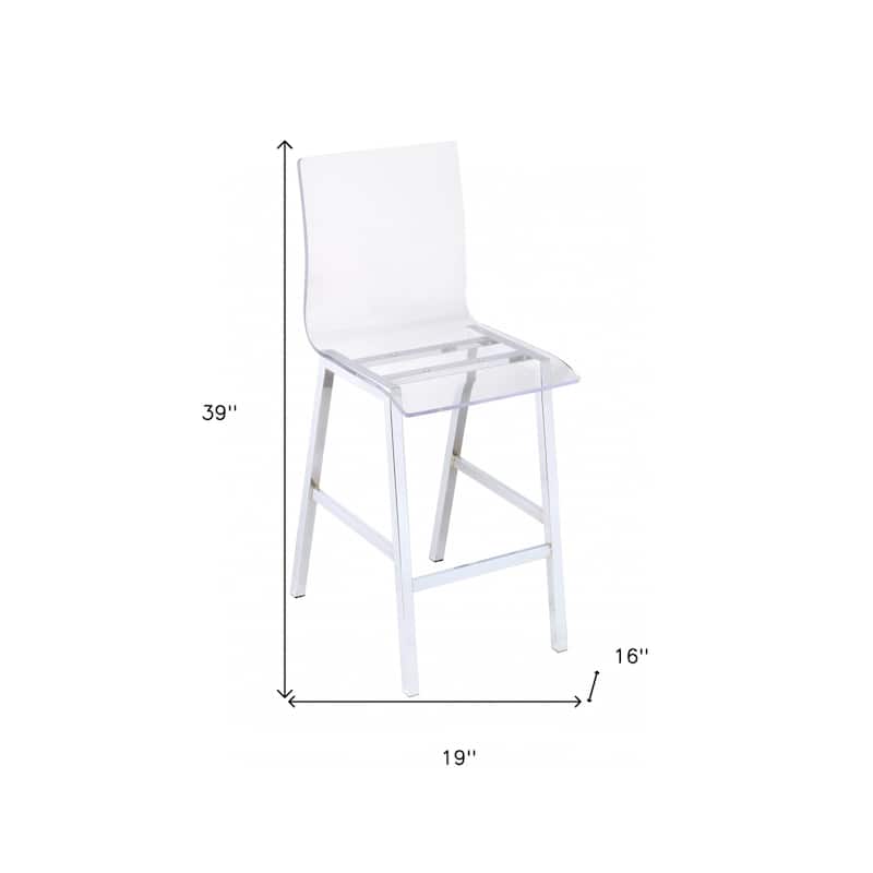 39" Clear And Silver Acrylic And Metal Counter Height Bar Chair