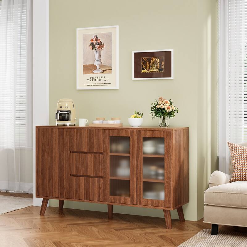 Farmhouse Buffet Cabinet, 55.5" Coffee Bar with 3 Drawers and Pop-Up Doors, Large Rustic Sideboard for Dining Room