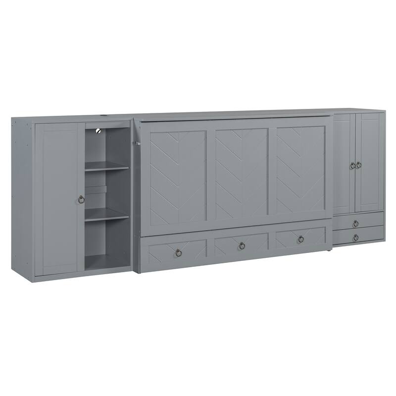 Queen Murphy Bed with Built-in USB, Dual Wardrobes, Storage Drawers & Vintage Handles - Ideal for Small Spaces