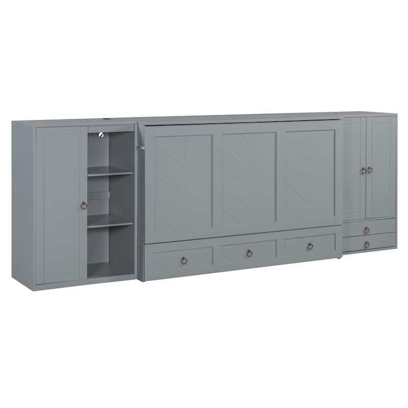 Space-Saving Queen Murphy Bed with Built-in Wardrobes, Power Outlets & USB Charging, Extra Storage - White/Gray