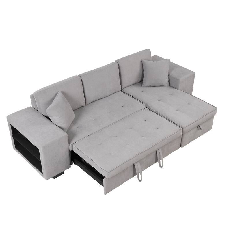 Modern L-Shape 3 Seat Reversible Sectional Couch, Pull Out Sleeper Sofa with Storage Chaise and 2 Stools