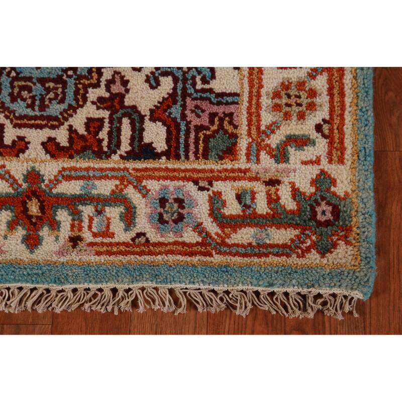 Hand Knotted Oriental 100% Wool Carpet Traditional Geometric Navy Blue & Blues Heriz (serapi) Runner Rug - 8' 0'' X 2' 6''