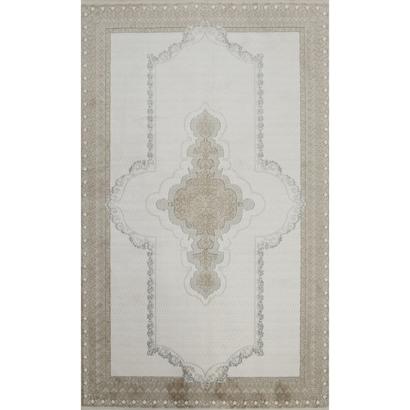 Machine Made Oriental Polyester Carpet Traditional Medallion Beige & Ivories Tabriz Area Rug - 7' 5'' X 5' 2''