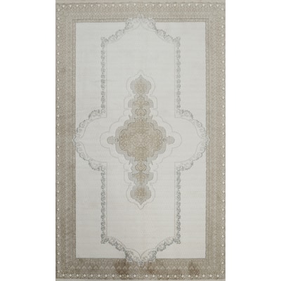 Machine Made Oriental Polyester Carpet Traditional Medallion Beige & Ivories Tabriz Area Rug - 7' 5'' X 5' 2''