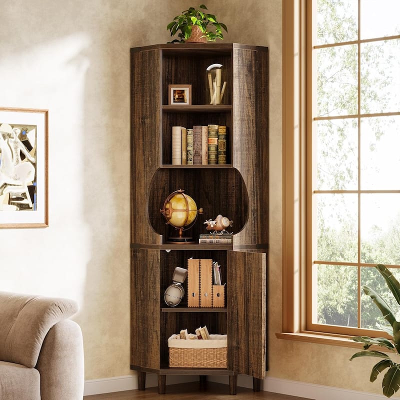 69.29'' Tall Corner Cabinet, Mid Century Kitchen Pantry with Doors, Freestanding Home Space Saver for Living Room, Rustic Brown