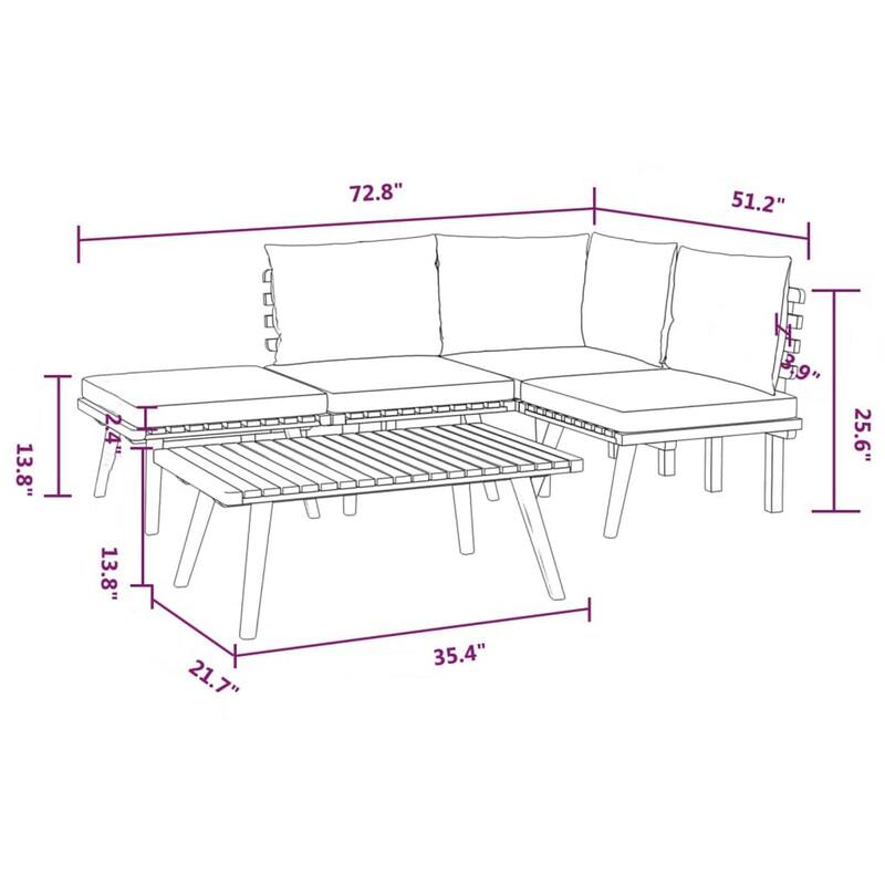 Roma 5pc Outdoor Modular Sofa Set, Table, Acacia Wood, Gray, White