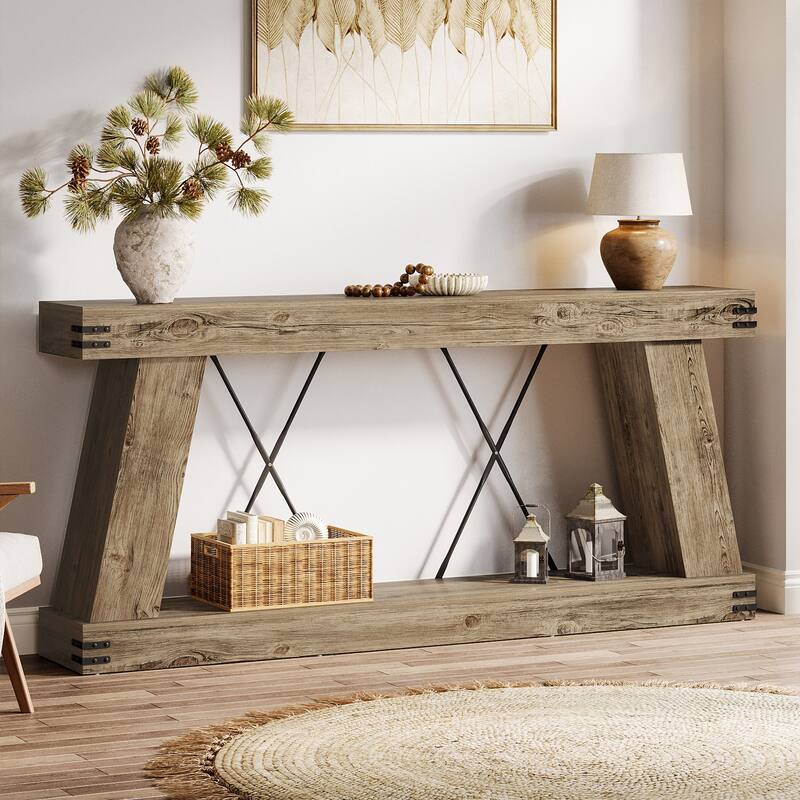 2-Tier Farmhouse Console Table, 70.9” Brown Entryway Table for Living Room - Large