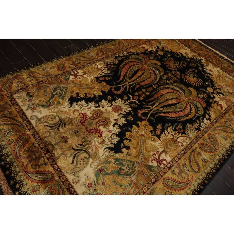 Agra Traditional Botanical Plush Pile Tea Wash Silky Sheen 6'2''x9'3'' Hand Knotted New Zealand Wool Green Rug - 6' 2'' x 9' 3''