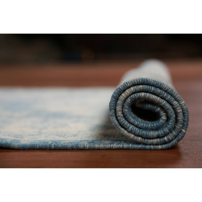 Hand Knotted Oriental 100% Wool Carpet Transitional Geometric Navy Blue & Blues Oushak Runner Rug - 18' 8'' X 3' 2''