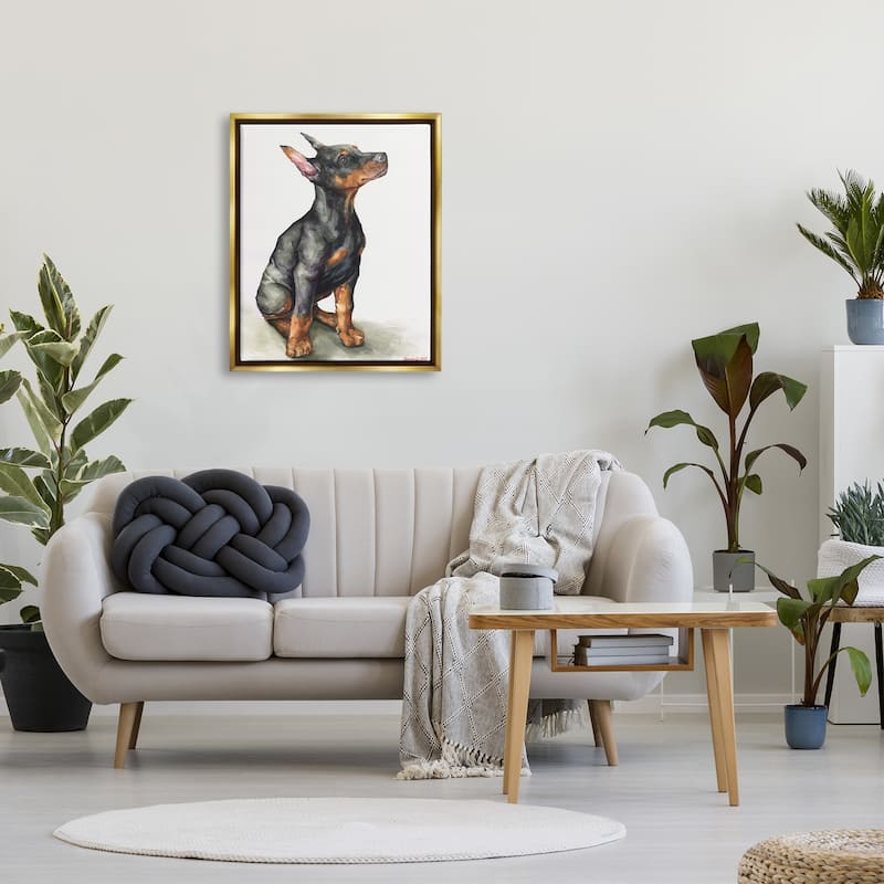Stupell Doberman Puppy Dog Pet Animal Watercolor Painting Floater Frame - Black