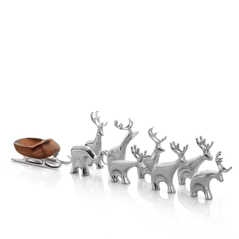 Nambe Miniature Reindeer 9pc Set - Silver and Brown