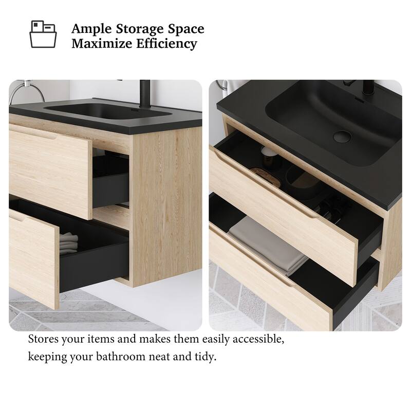 Floating Bathroom Vanity in Evita Oak with Integrated Quartz Sand Top