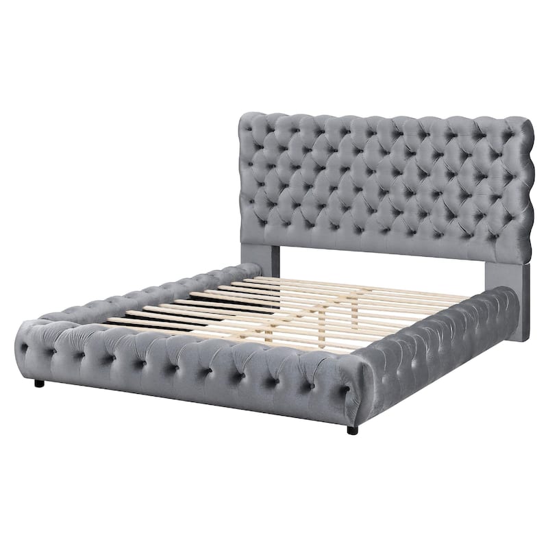 Goy Queen Size Bed, Diamond Tufted Gray Velvet Upholstery, Low Profile
