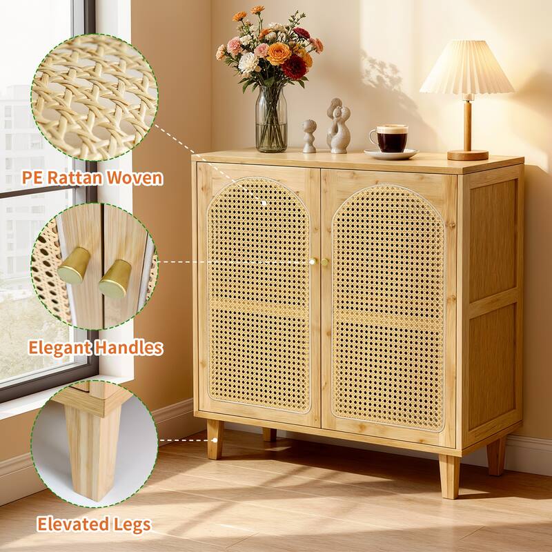 Kitchen Pantry Cabinet Bamboo Sideboard Buffet Cabinet with 2-tier Storage Rattan Door - 29.53"x15.35"x32.28"