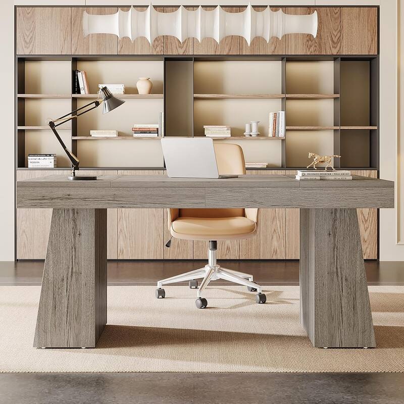 55 Inches Mid-Century Executive Desk with Double Trapezoid Base