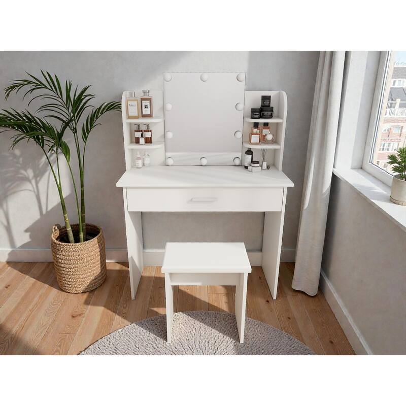 Modern One-Drawer Vanity Table with Adjustable Mirror, Stool & Storage Shelves, Compact Makeup Desk for Small Bedrooms