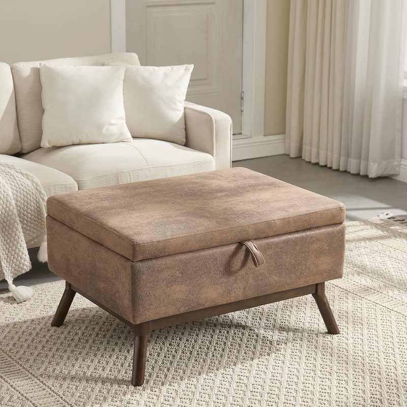 Mid-Century Modern Storage Ottoman, Square Upholstered Coffee Table, Shoe Bench with Hidden Storage & Wood Legs