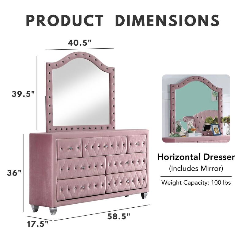 Vyvi Glam Pink Upholstered 2-piece 7-Drawer Dresser and Mirror Set by Furniture of America