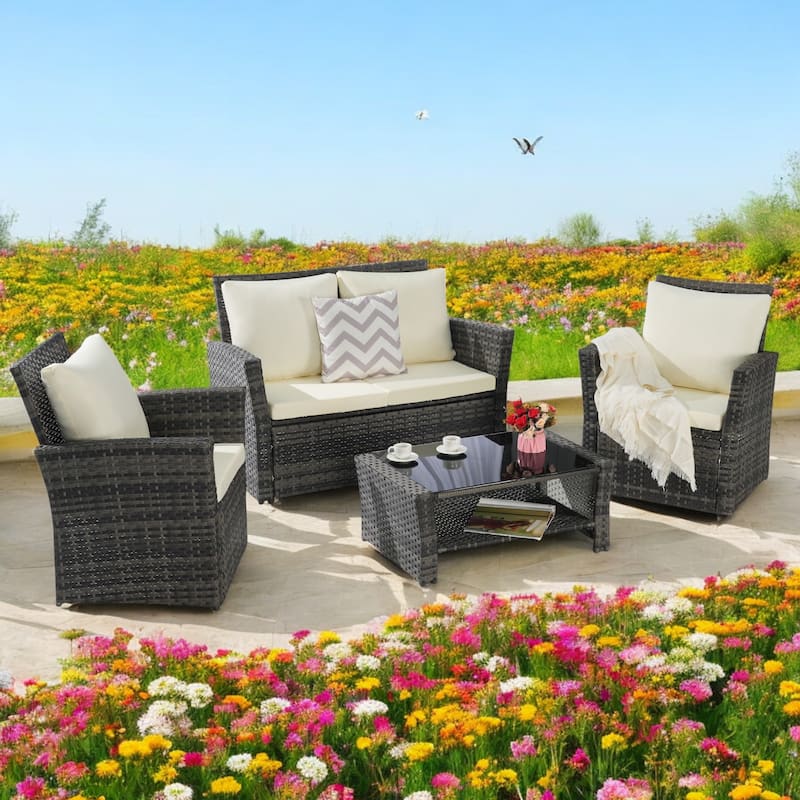 4-Piece Outdoor Patio Furniture Set, Garden Wicker Sofa with Poolside Lawn Chairs, Red Cushions, All-Weather Modular Design